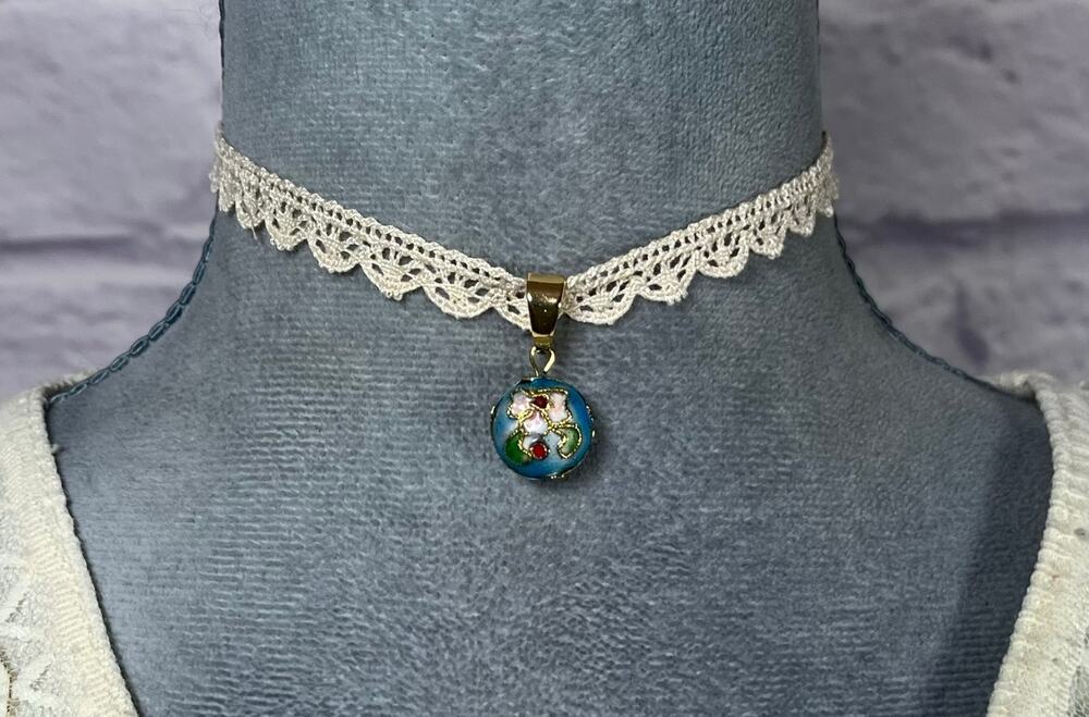Handmade Delicate Crochet Lace Choker with Upcycled Petit Cloisonne Pendant